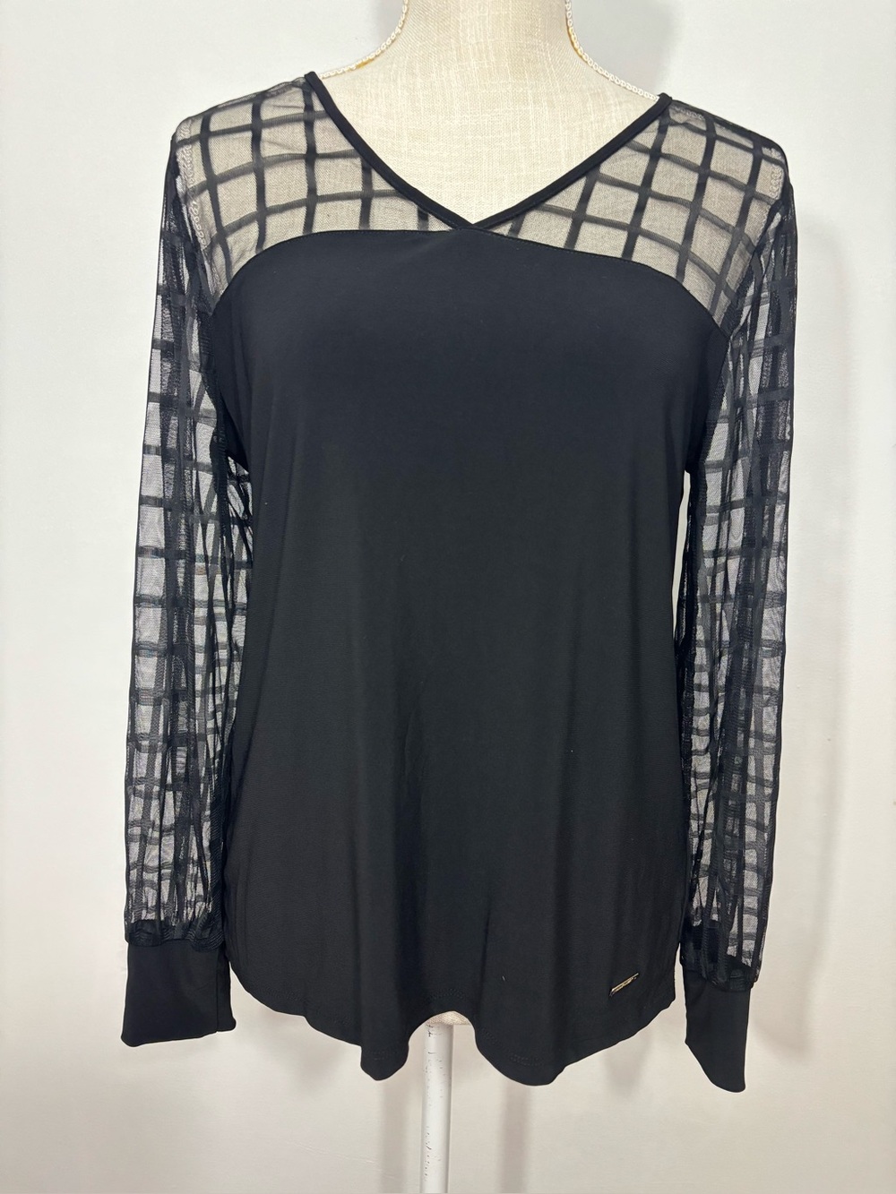 Nine West Black Sexy Sheer Grid Yoke and Sleeves Top Sz M Gothic